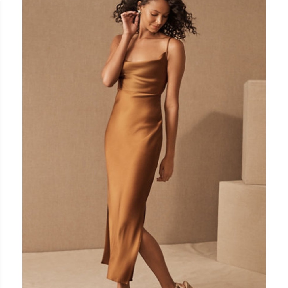 BHLDN Cali Satin Charmeuse Midi Dress, Rust, Size 6